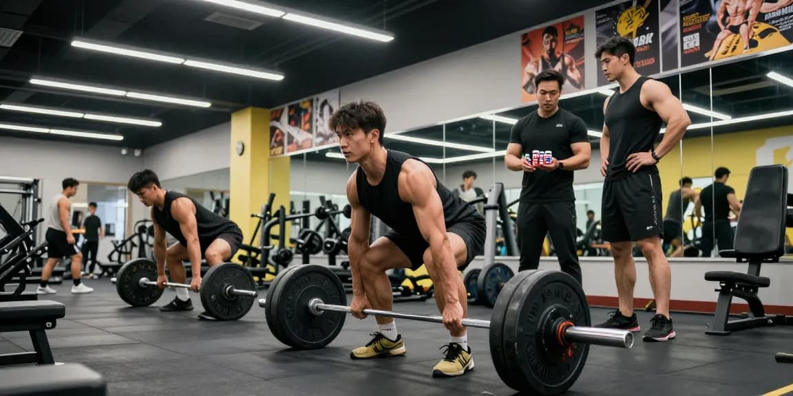 Prime Pharma Steroiden Winkel: man die deadlift uitvoert in een moderne sportschool, omgeven door gewichten en enthousiast publiek.
