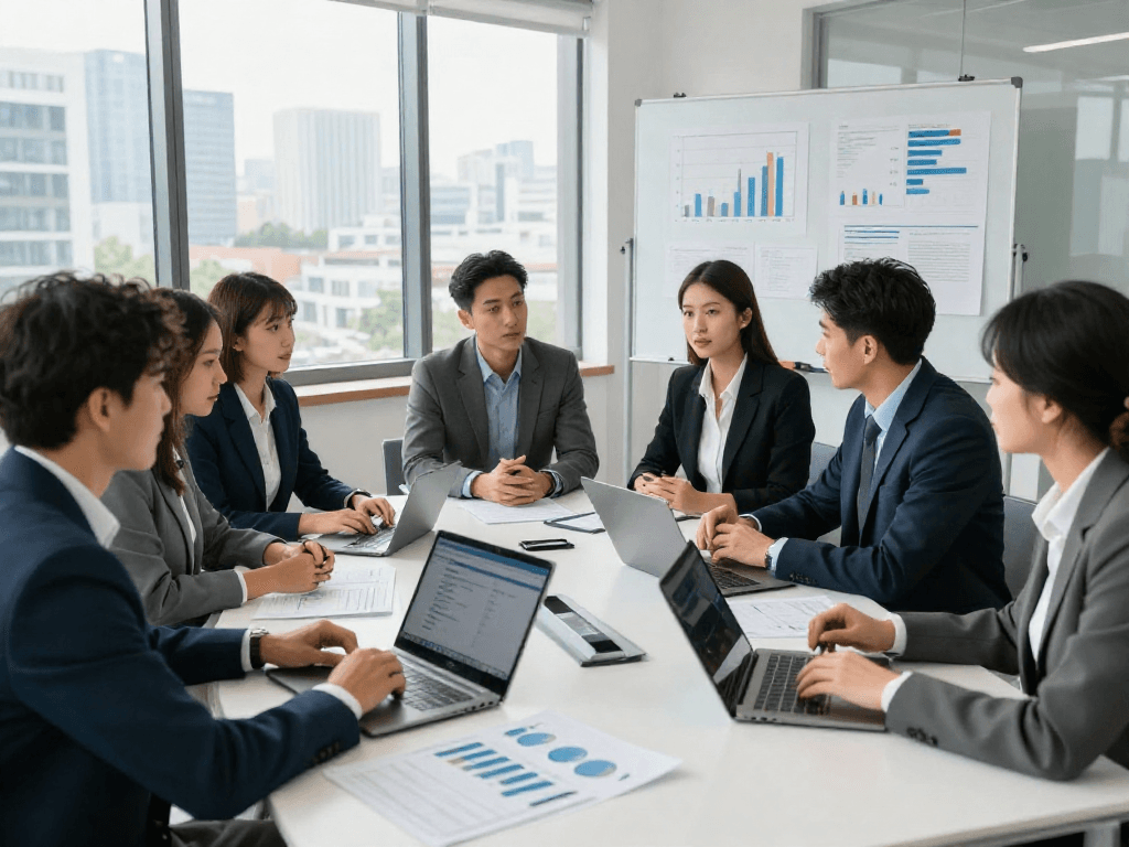 Professionals bespreken zakelijk krediet opties in moderne kantooromgeving.