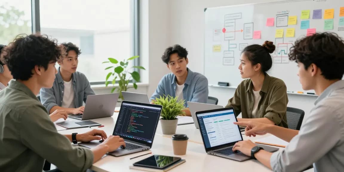 Build internal tools with AI in a collaborative tech workspace with professionals brainstorming and engaging.