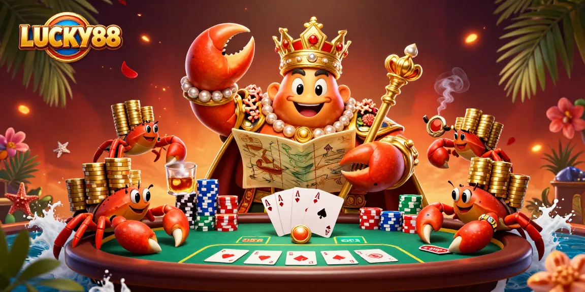 LUCKY88 engages players in a vibrant casino scene with a regal crab emperor surrounded by poker elements.