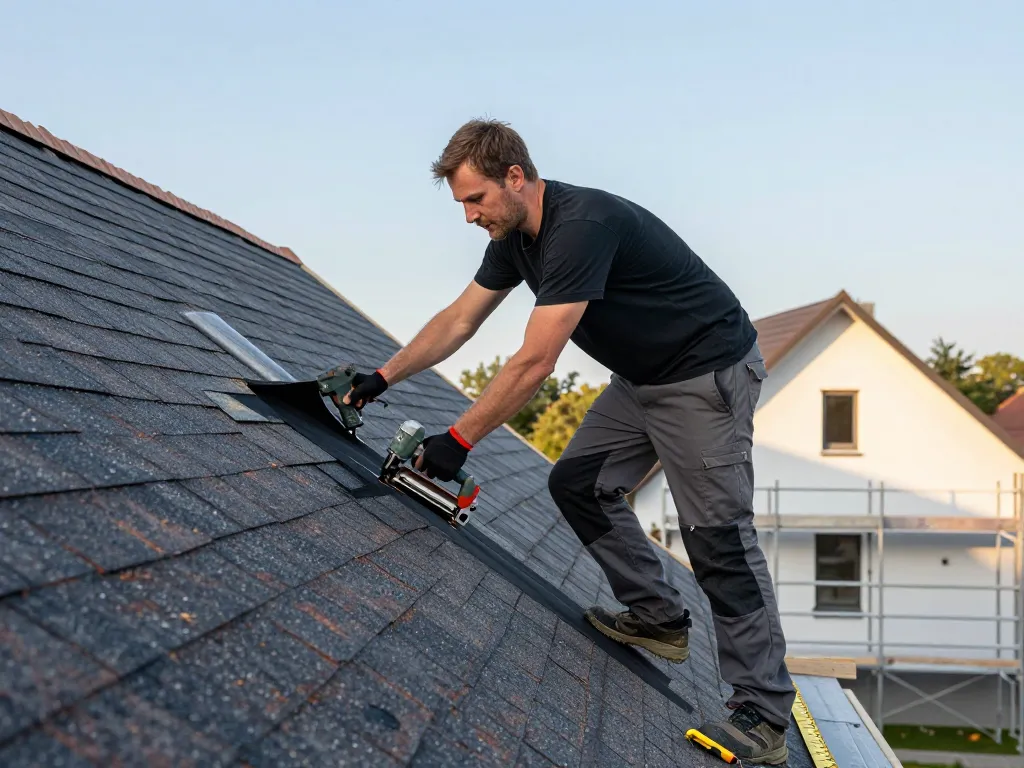 Toegewijde dakdekker van De Kraaij installeert deskundig shingles op een woonhuisdak.