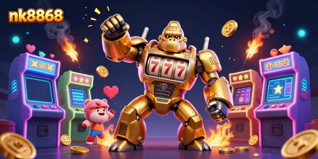 Experience thrilling gaming action with nk8868's innovative 3D golden gorilla mech, symbolizing jackpot excitement.