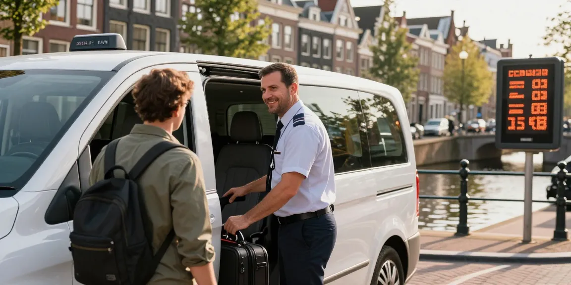 Taxi centrale amsterdam - Professionele chauffeur die een passagier helpt met bagage in een moderne taxi temidden van de levendige straten van Amsterdam.