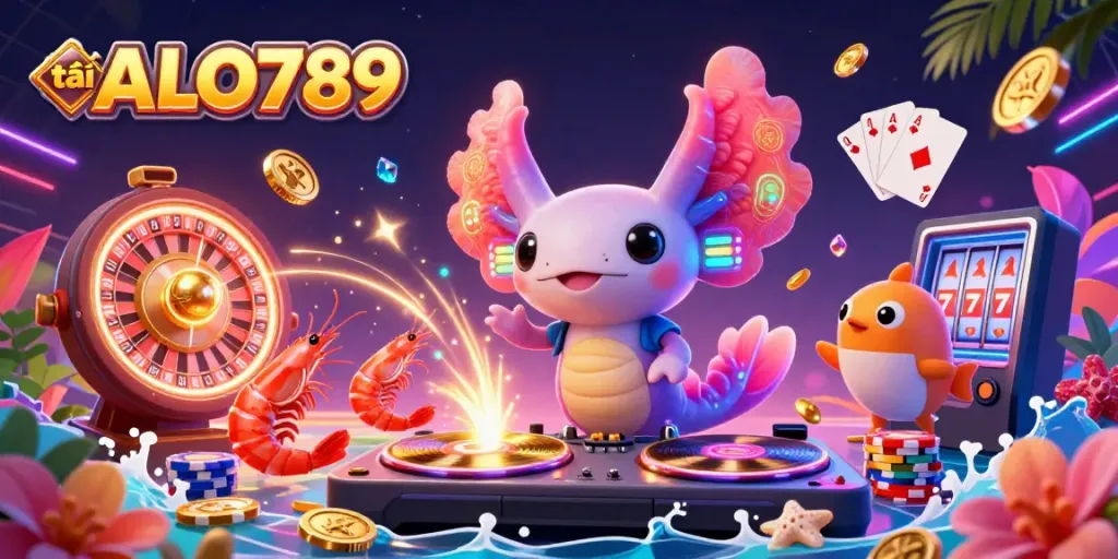 Experience the vibrant energy of tải ALO789 with cartoon characters and golden treasures in this engaging digital illustration.