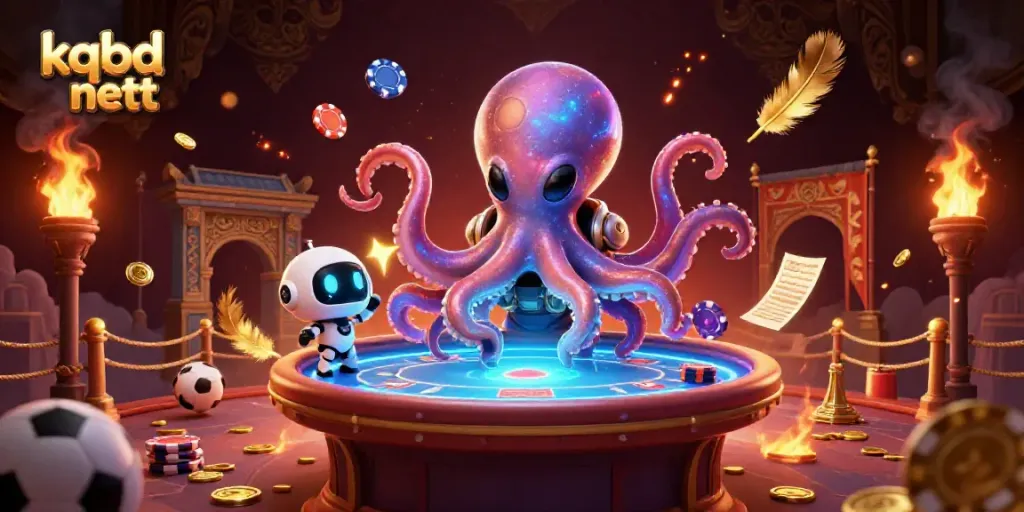 Experience thrilling betting action with kqbd nett, as a colorful alien octopus deals at a holographic poker table.