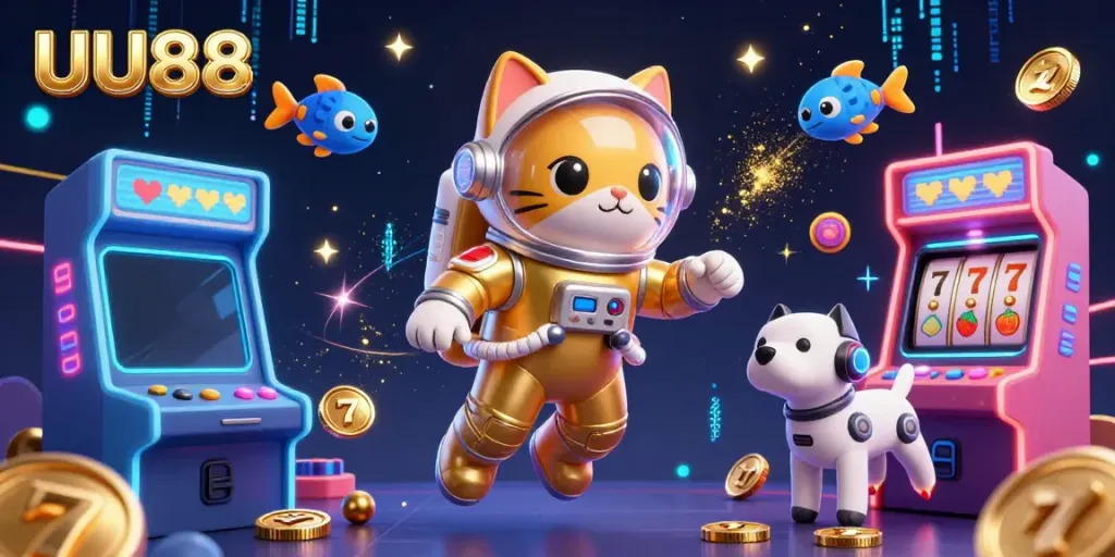 Experience casino action with UU88 featuring a space astronaut cat and vibrant gaming elements.