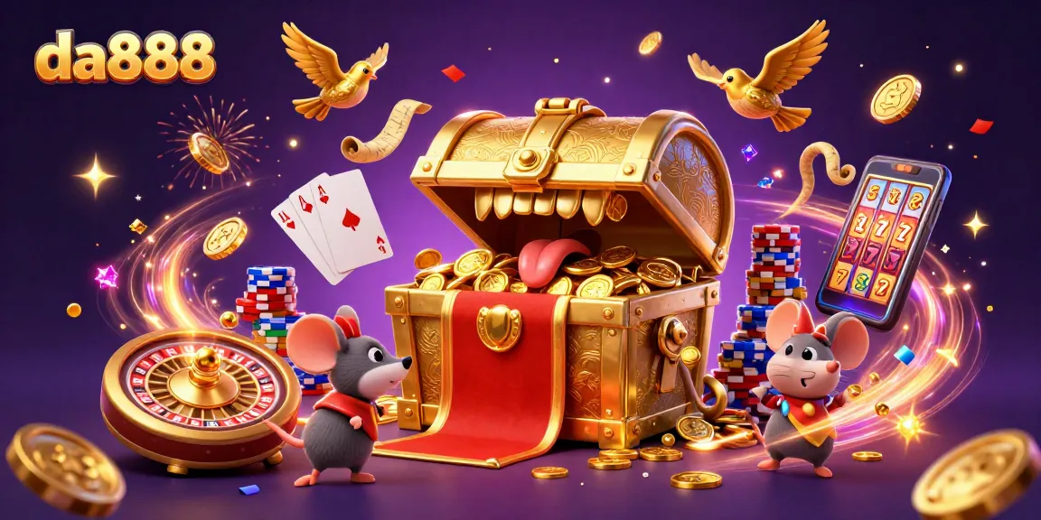 Engage with da888's thrilling casino adventure featuring a treasure chest, coins, and a dynamic scene.