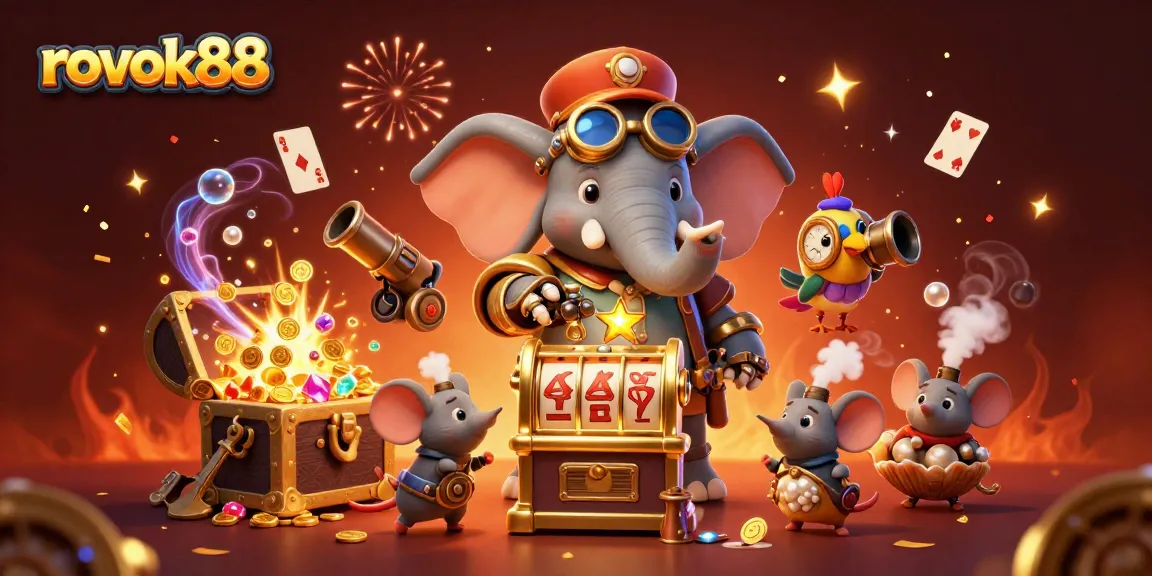 rokok88 showcases an adventurous scene with a steampunk elephant engineer operating a slot machine amidst a celebration of gold and gems.