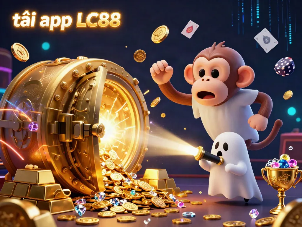 Experience the excitement of tải app LC88 with a playful monkey surrounded by golden treasures in a vibrant casino.