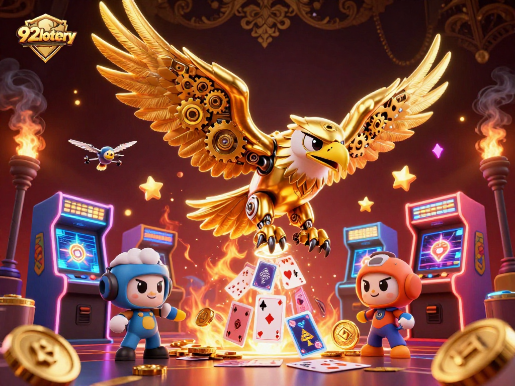 Engage with 92lottery's vibrant online gaming universe featuring a golden eagle amidst colorful game elements.