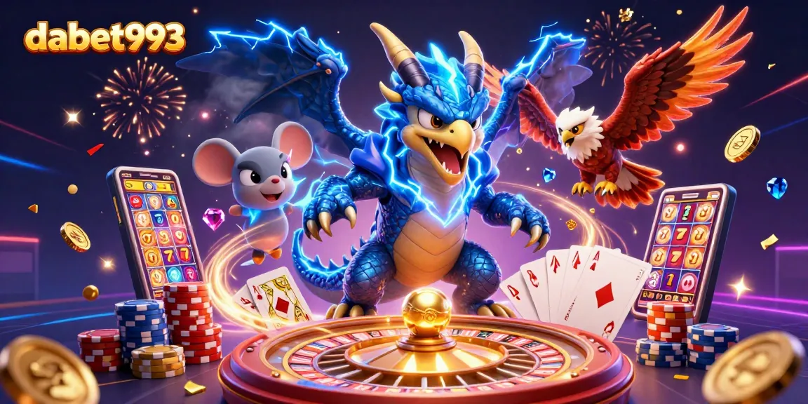 dabet993 showcases a vibrant 3D casino scene with a thunder dragon, casino elements, and thrilling excitement.
