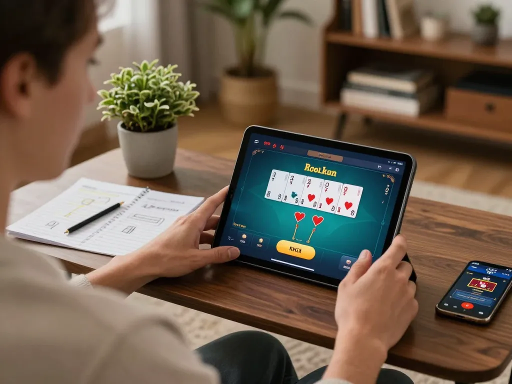 uk88 player strategizing poker moves with online app in a cozy home setting