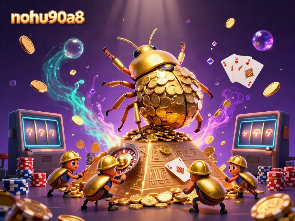 Experience gaming excitement with nohu90a8, featuring a golden dung beetle and vibrant casino elements.