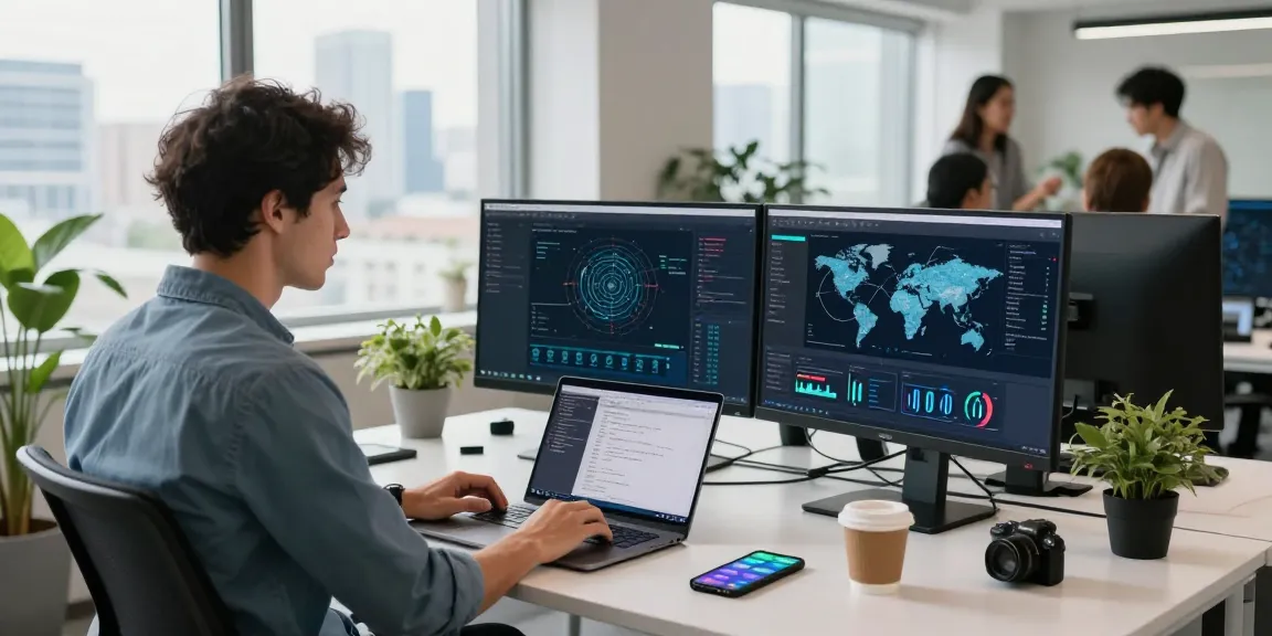 快连 network acceleration software in a modern office with developers collaborating and using advanced tech.