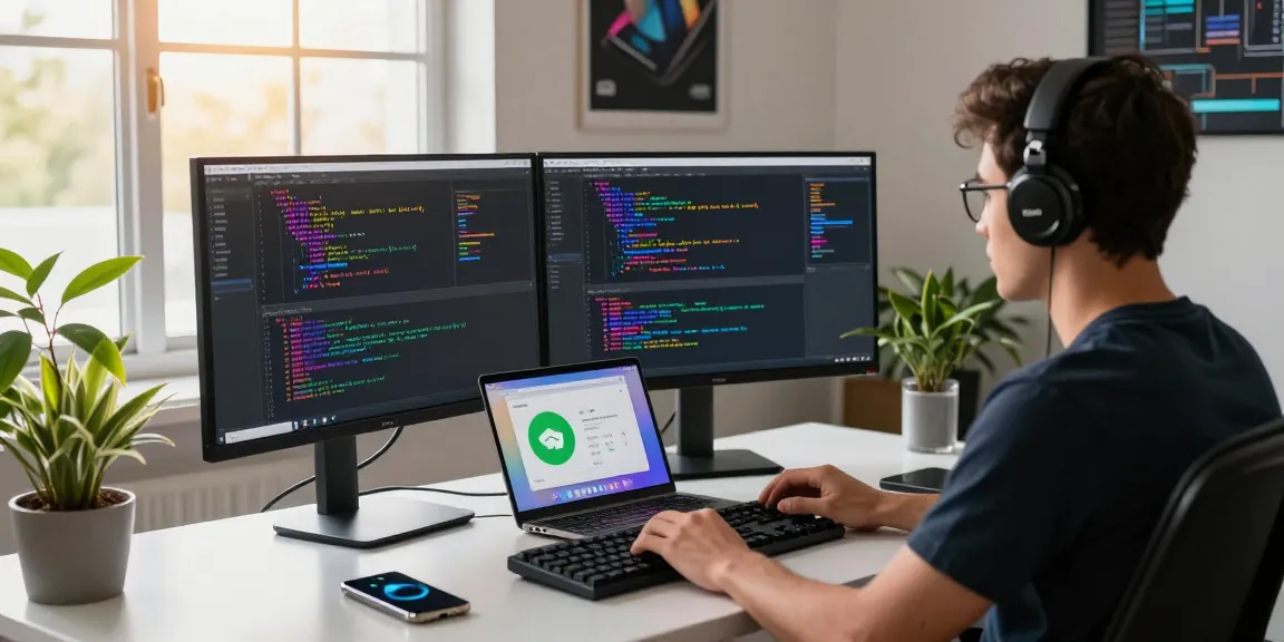 Download Telegram in a modern tech workspace with a developer coding at dual monitors.