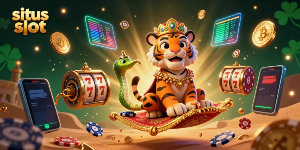Experience the thrill of situs slot gaming with vibrant Arabian Nights characters and casino elements.