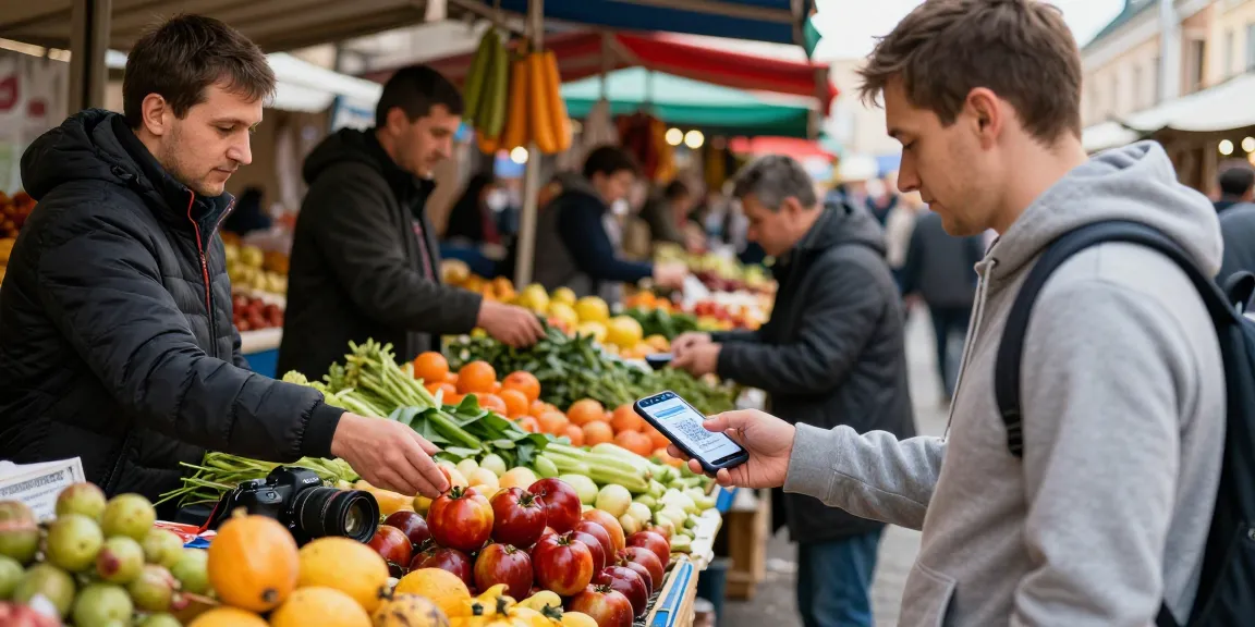 Betaling met de app https://payinrussia.com/ in een levendige Russische markt, omringd door verse producten.