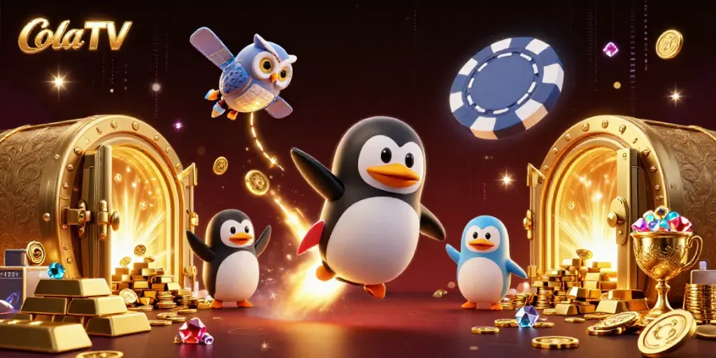 Experience exciting gaming at ColaTV with 3D golden penguin, dynamic casino elements, and thrilling scenes.