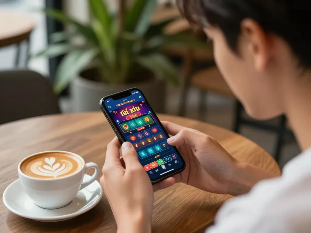 Engaging mobile gaming with app tài xỉu online uy tín displayed on smartphone in a cafe setting.