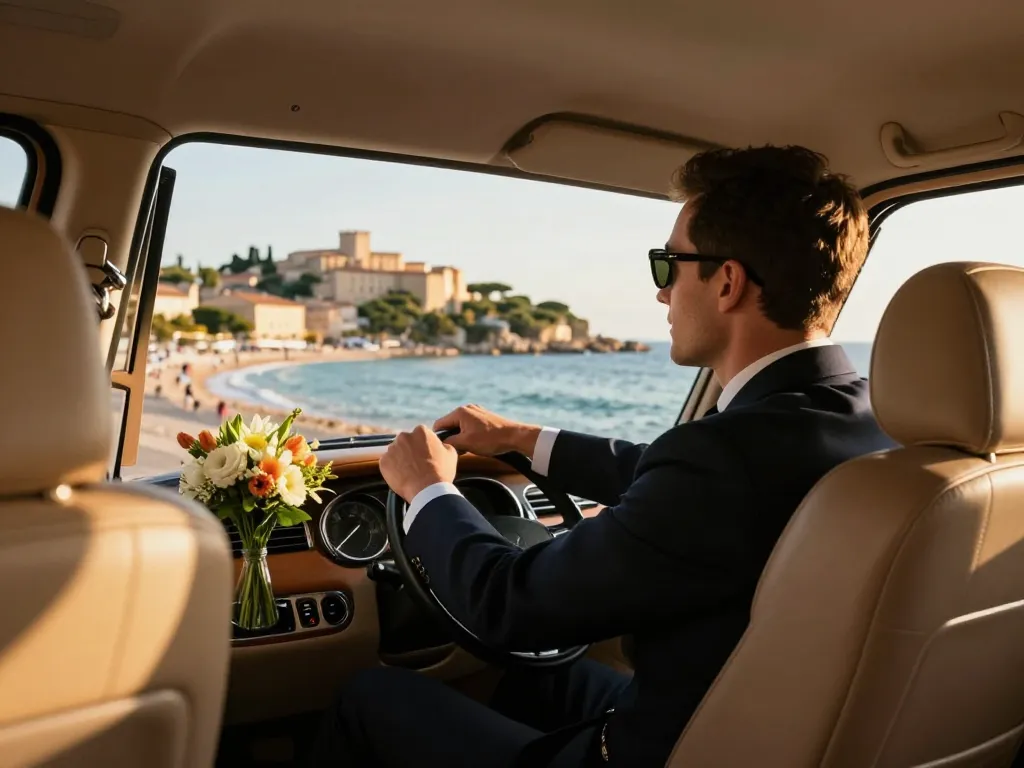 Taxi St Tropez trajet de luxe avec chauffeur professionnel et vue côtière époustouflante.