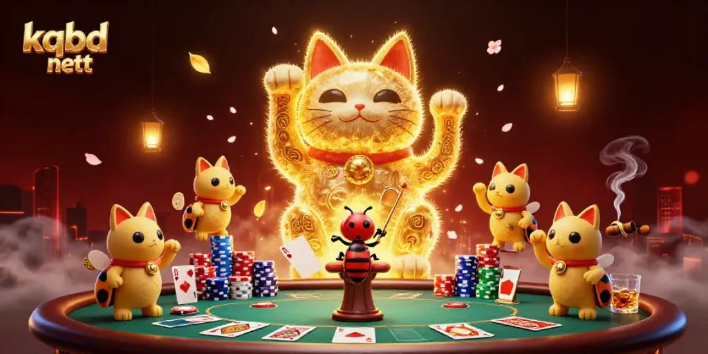 Join the magic of kqbd nett with the golden fireflies and lucky cat symbolizing fortune at a bustling casino scene.