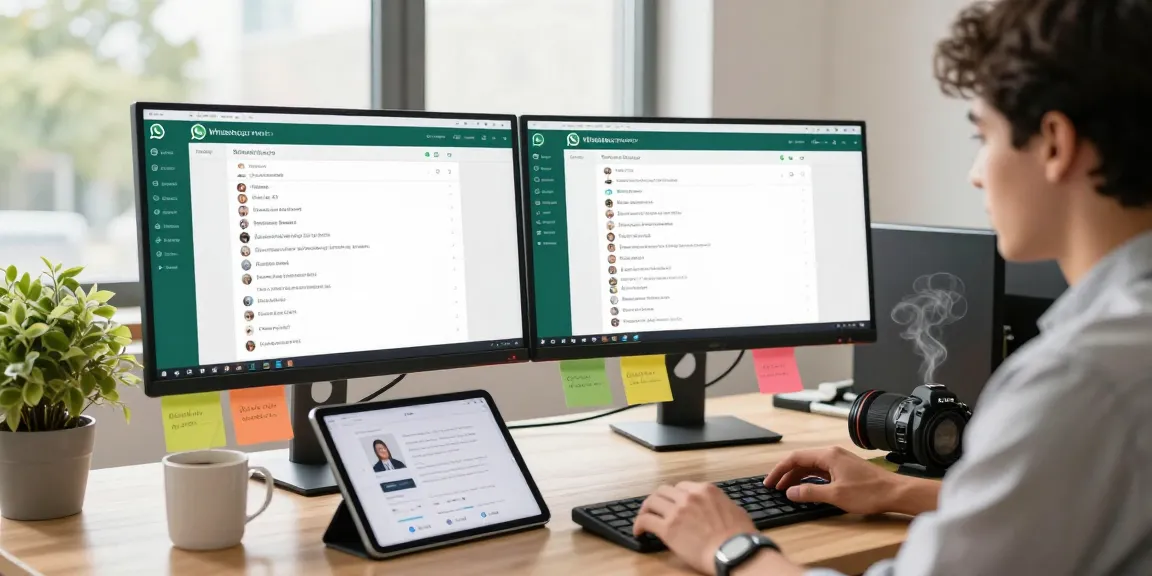 Using WhatsApp網頁版 on dual monitors in a modern workspace, showcasing productivity and communication.
