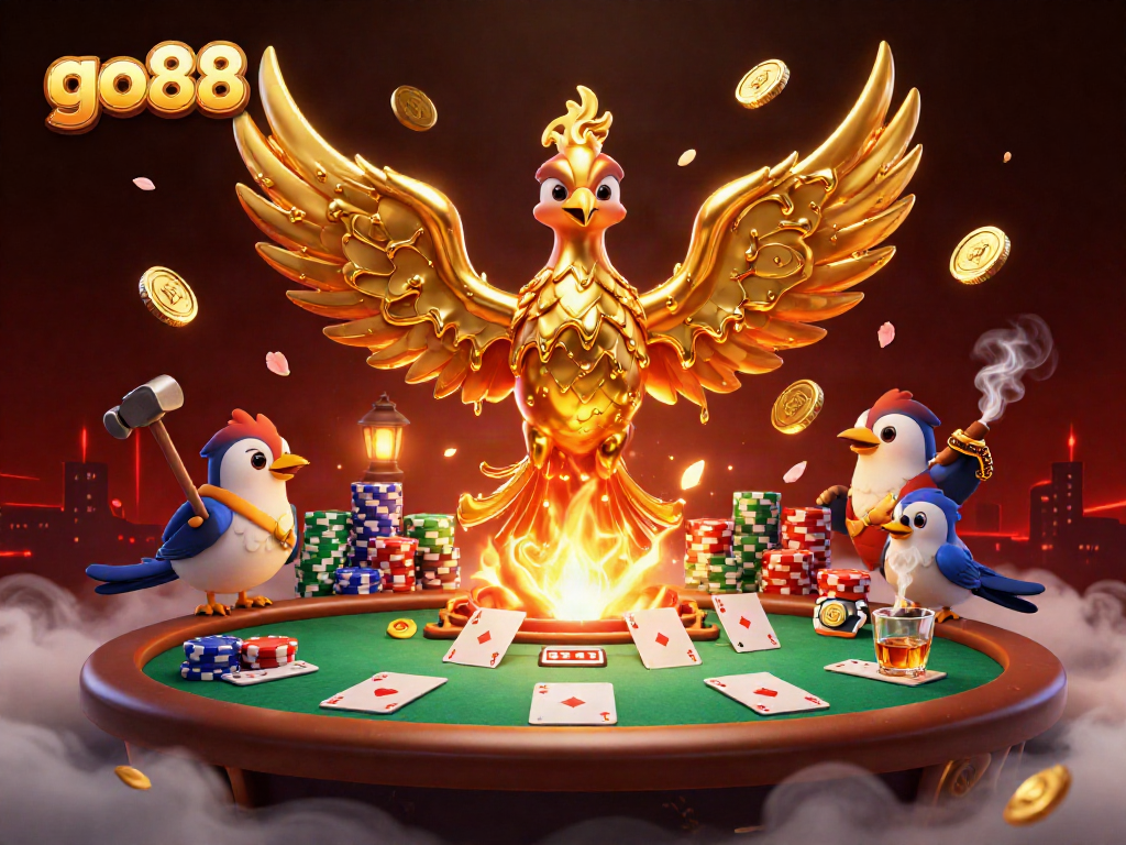 Experience the thrill of go88 as liquid gold coins rain from a molten phoenix, celebrating online gambling.