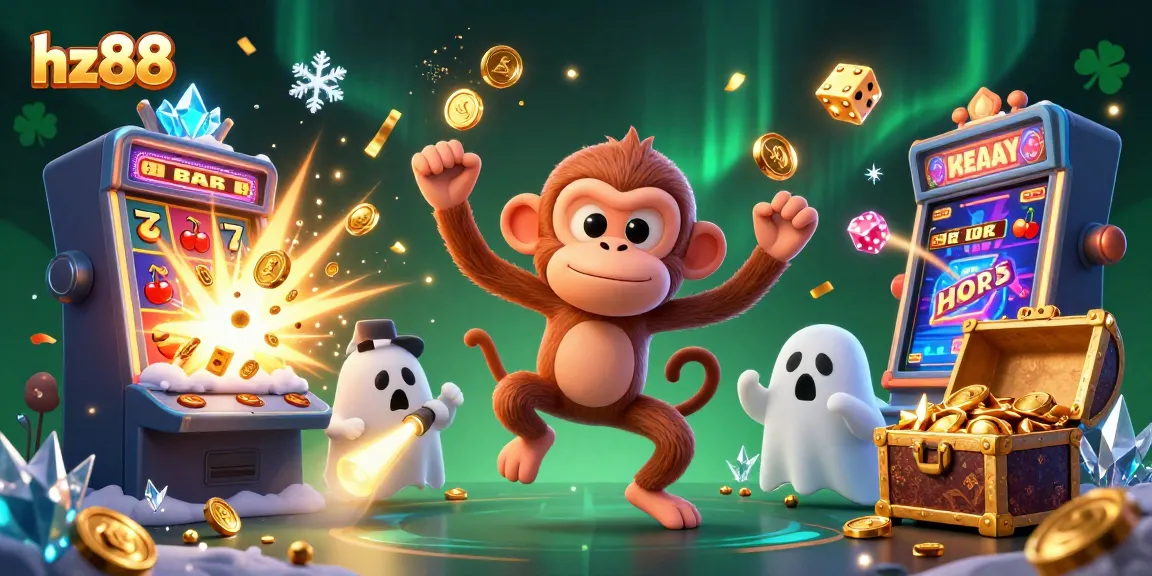 Experience the thrilling atmosphere of HZ88's casino with a mischievous monkey juggling coins and cards.