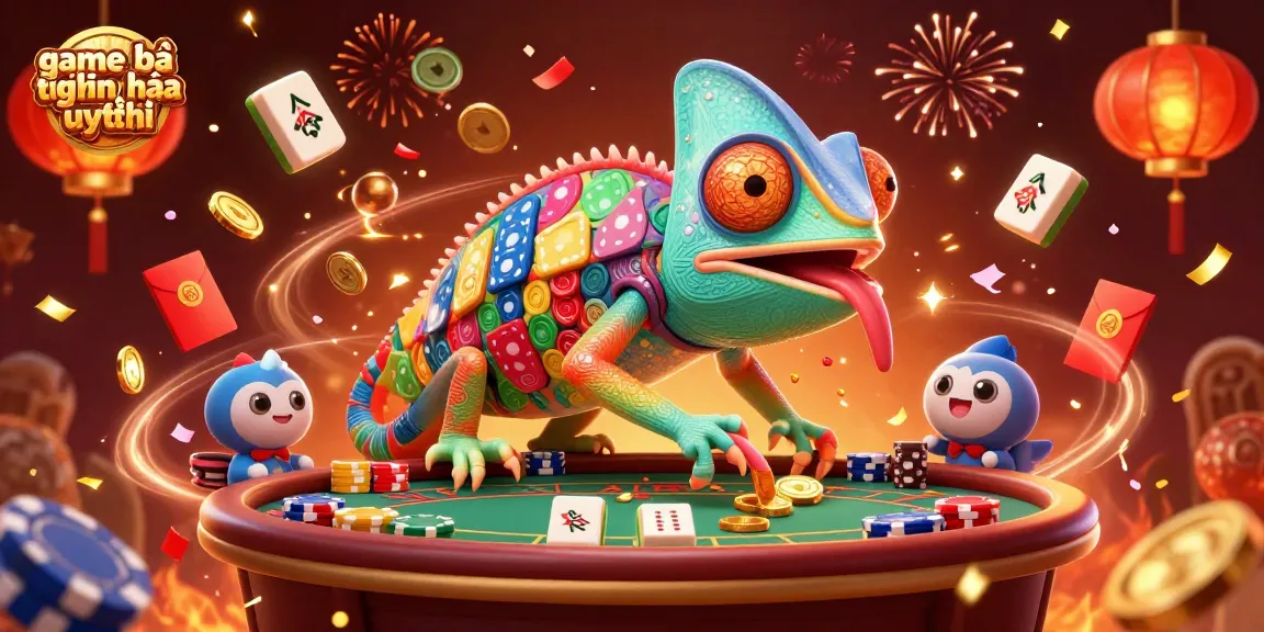 Engage in game bài tiến lên uy tín with colorful chameleon casino characters and festive elements.