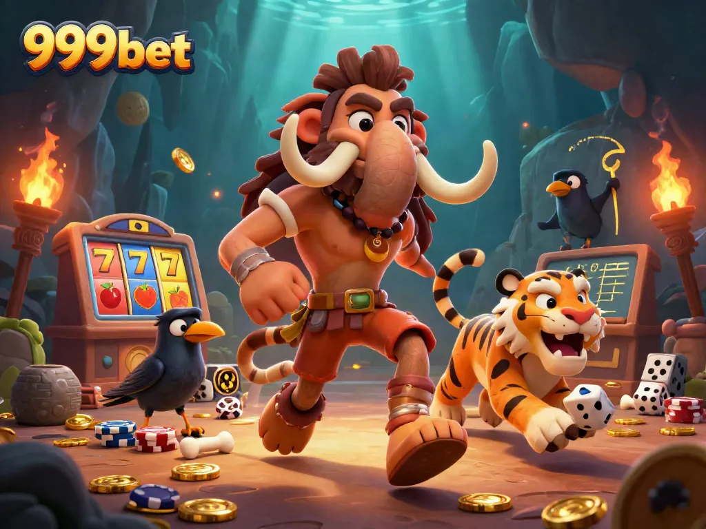 Experience thrilling 999bet action with a prehistoric casino scene featuring caveman and tiger duo.
