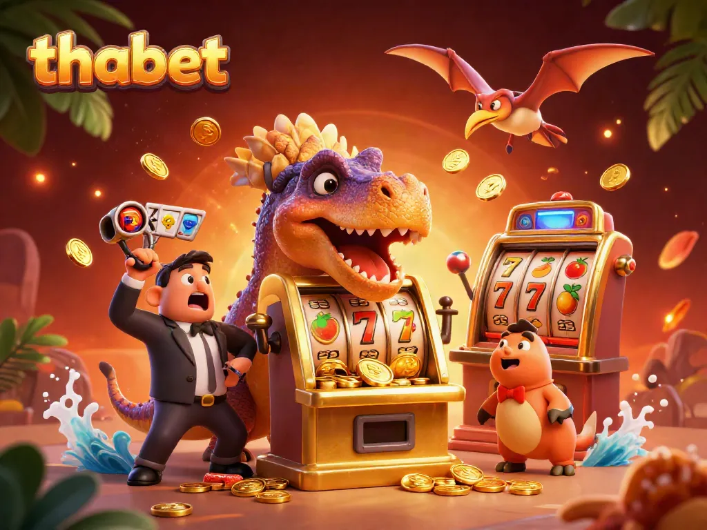 Experience thrilling wins at thabet with cartoon dinosaurs playing to win coins at a vibrant casino.