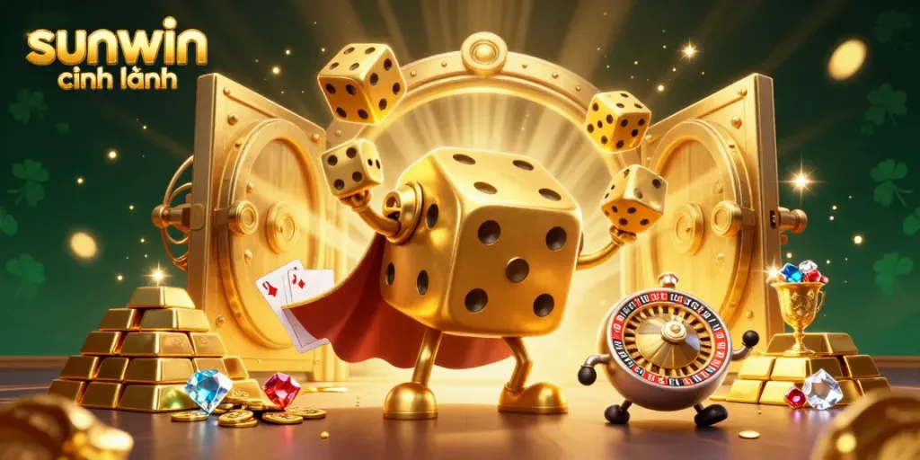 Experience the excitement of sunwin chính hãng with a lively 3D scene featuring golden dice and treasures.