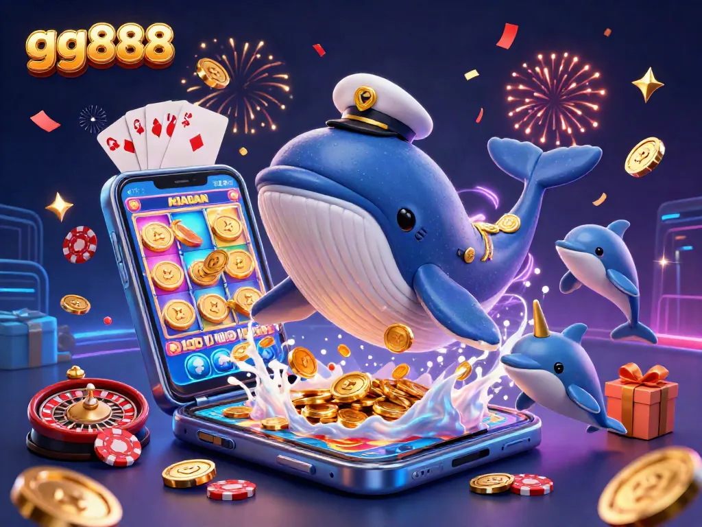 Experience excitement at gg888 casino with vibrant 3D scene featuring whales, poker chips, and slot games.