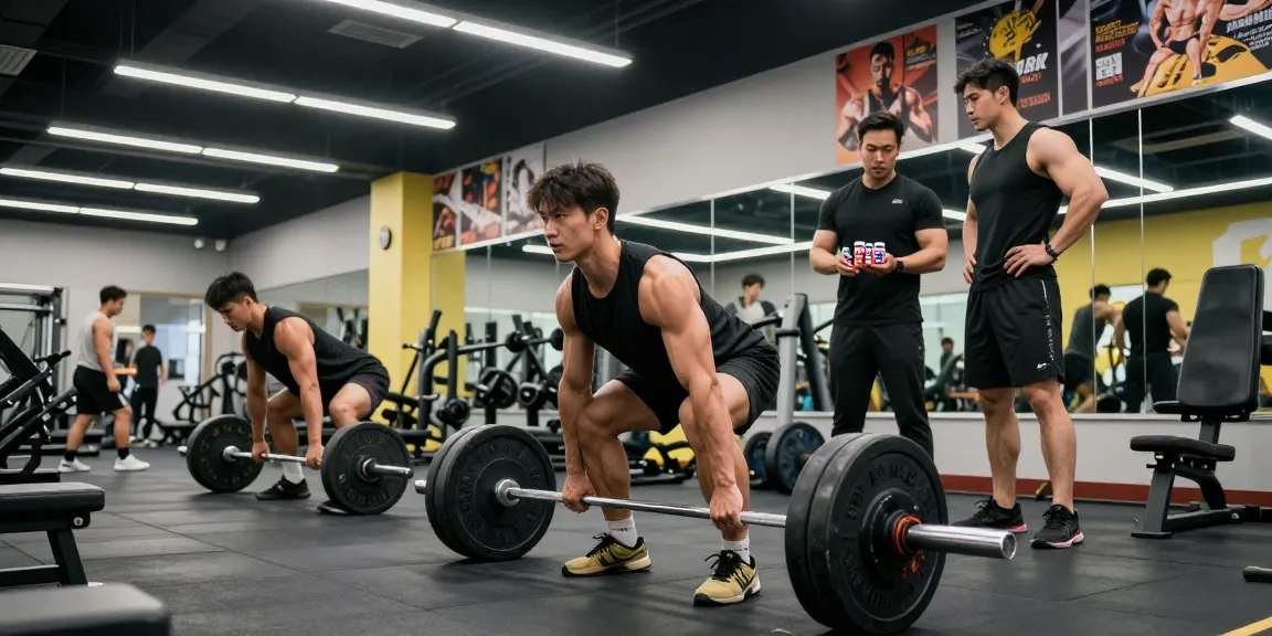 Prime Pharma Steroiden Winkel: man die deadlift uitvoert in een moderne sportschool, omgeven door gewichten en enthousiast publiek.