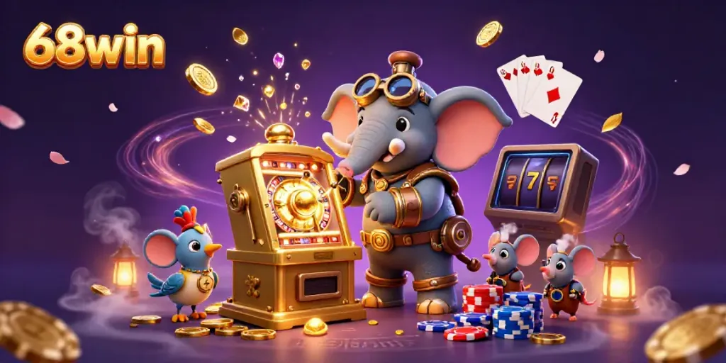 Experience thrilling jackpots with 68win's steampunk-themed casino adventure, featuring vibrant gaming elements.