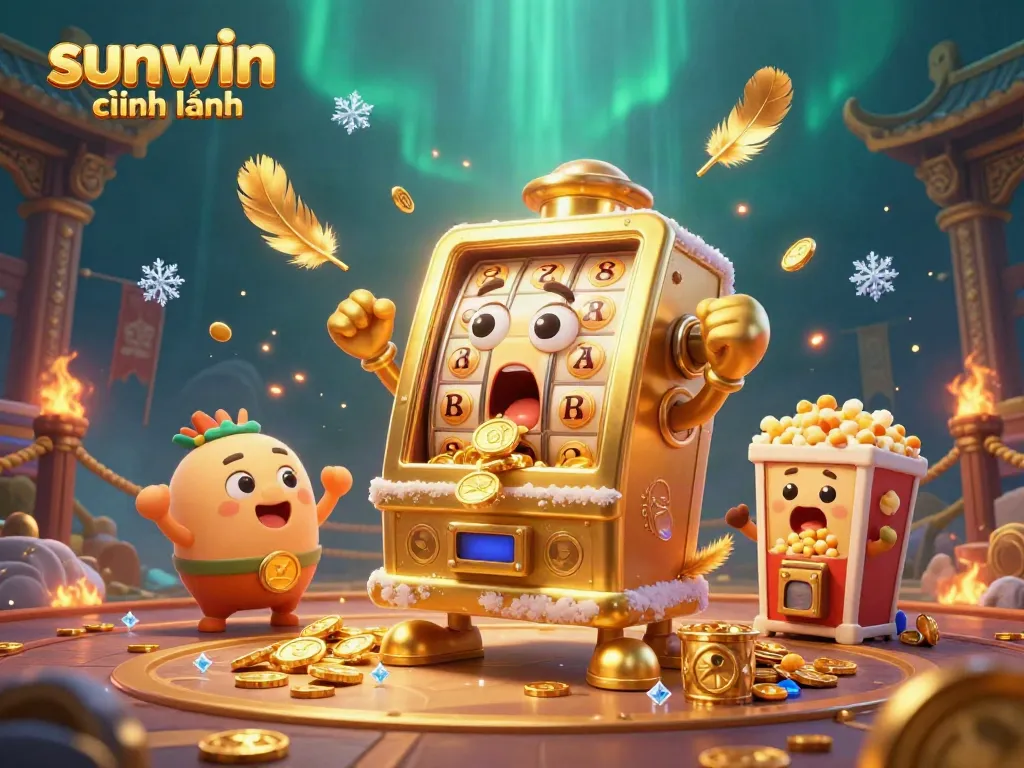 Experience the excitement of sunwin chính hãng with a cartoon golden slot machine celebrating its jackpot amid cheering baby machines and golden coins.