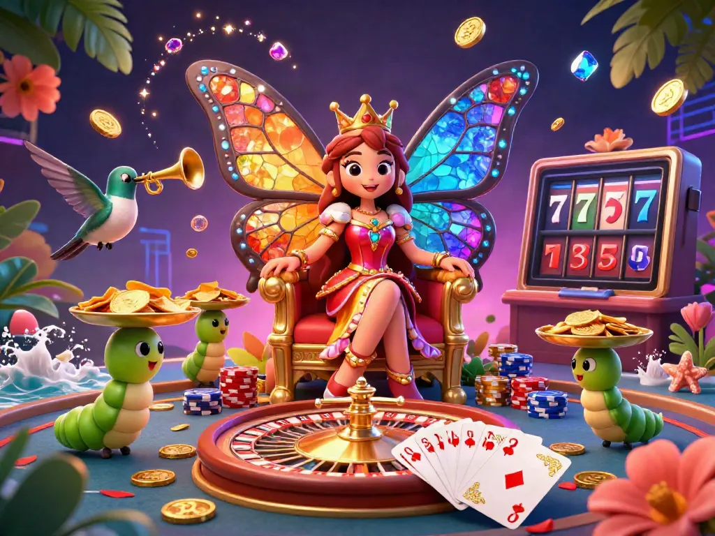 Engage in thrilling gameplay at go88 with a vibrant casino-themed scene featuring a butterfly queen, poker chips, and spinning roulette.