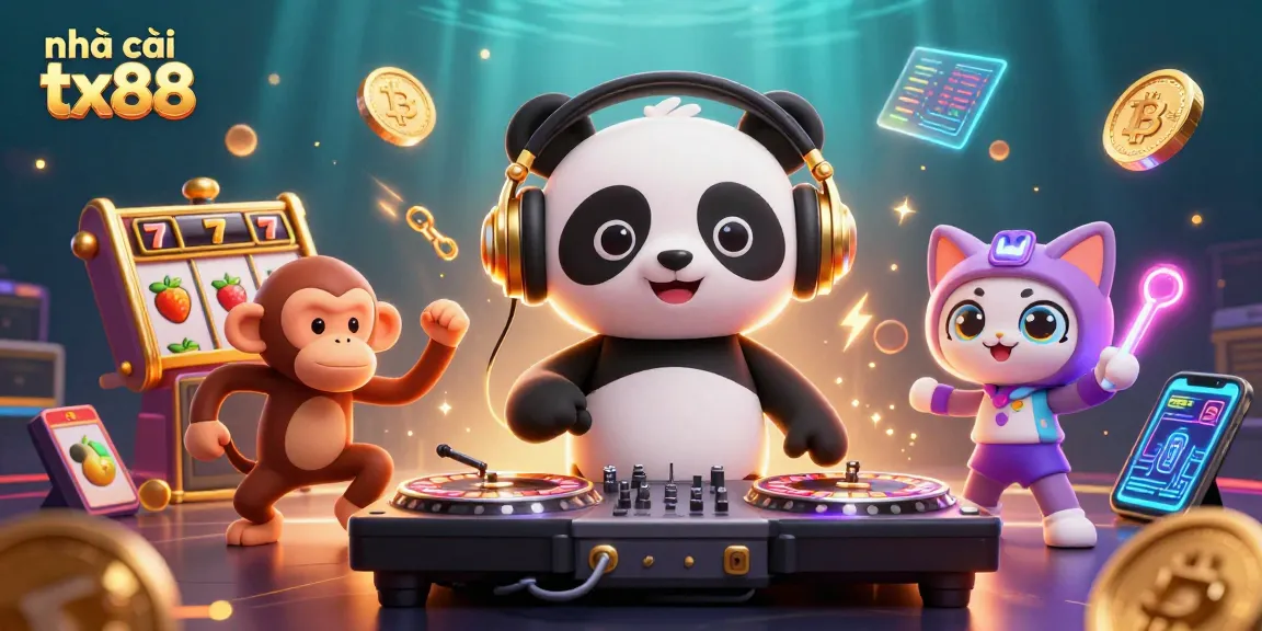 Engage with nhà cái tx88 in a vibrant 3D casino scene featuring playful characters and dynamic gaming elements.