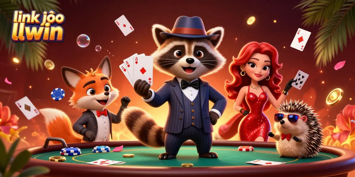 Play to win with link vào llwin, featuring a suave raccoon and friends at a vibrant poker table.