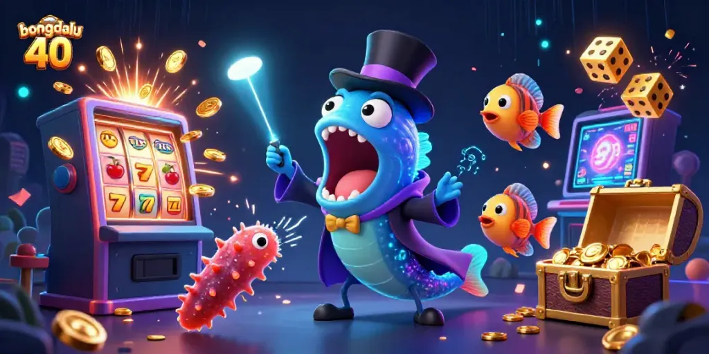 Bongdalu 40 showcases a vibrant 3D scene with casino characters performing magic in a stunning jackpot theme.