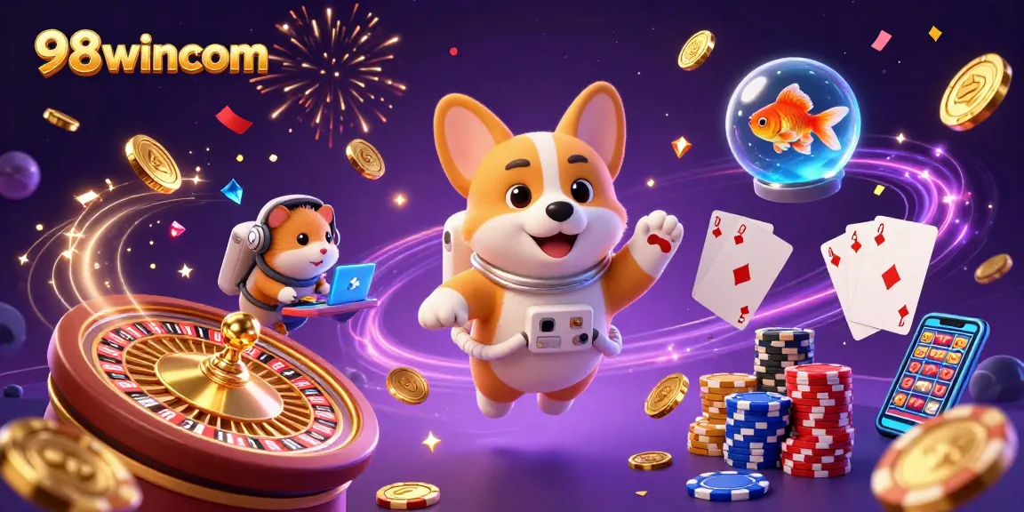 Engage with 98wincom in a vibrant 3D casino scene with animated characters, games, and rich visuals.
