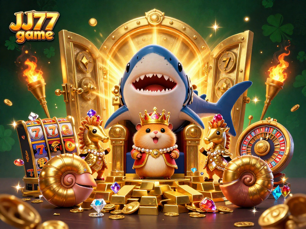 Experience the thrilling JJ77 game with a vibrant scene showcasing a golden hamster king enthroned amidst riches and games.