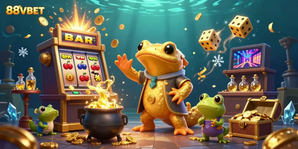 88VBET showcases a vibrant 3D scene of magical alchemy and casino excitement, immersing players in a jackpot thrill.