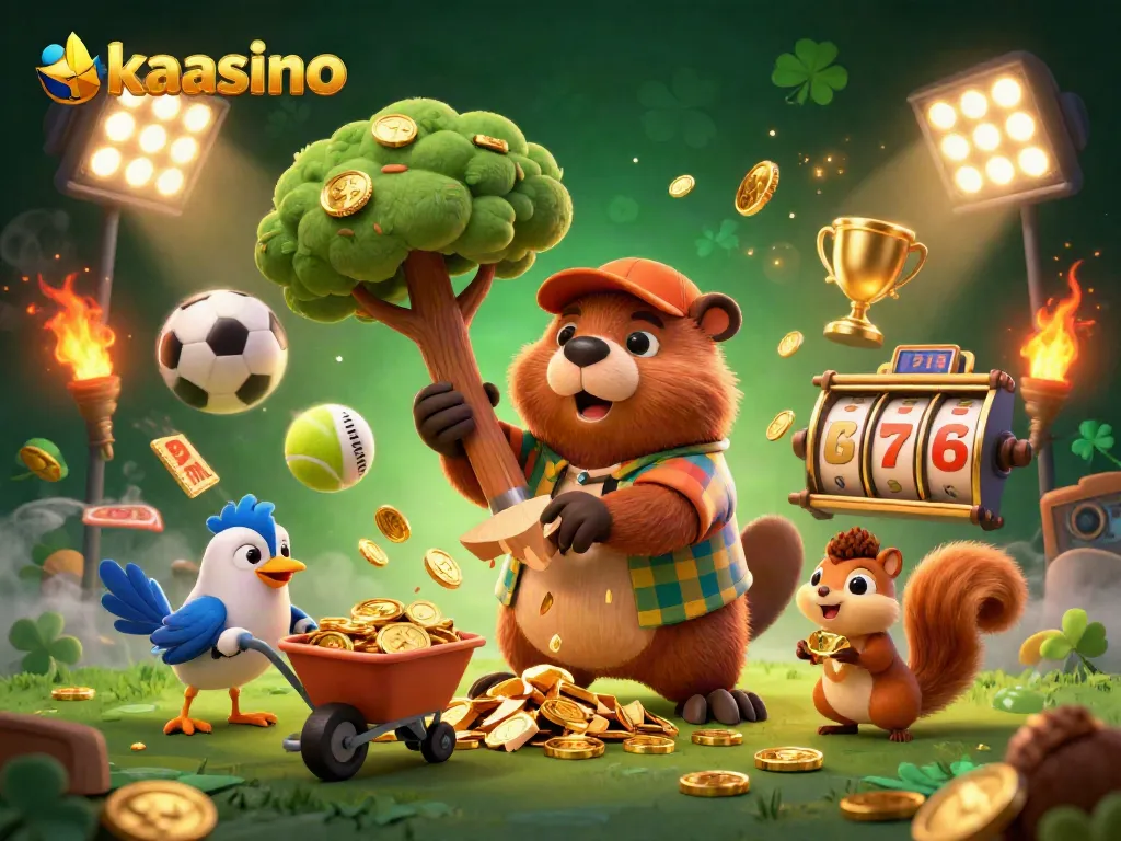 Kaasino brings excitement with a lumberjack beaver pouring golden coins in a lively casino scene.