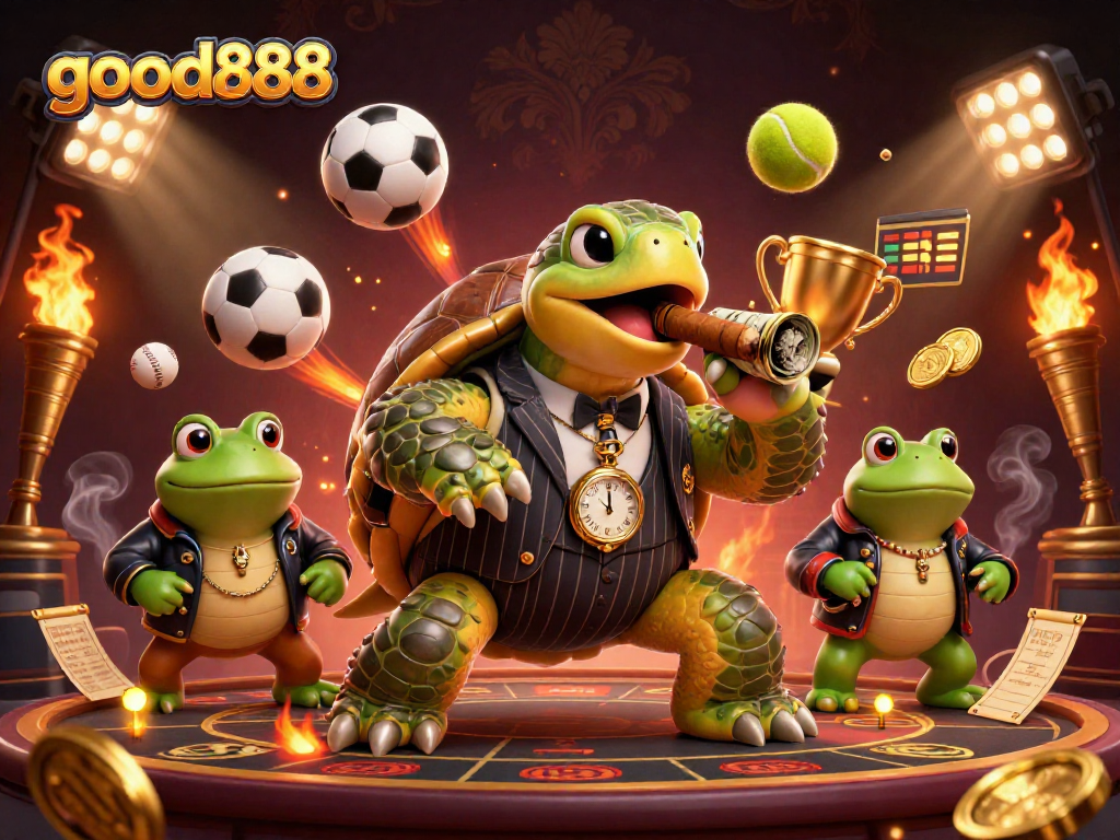 Experience thrilling gaming action at good888 with a cartoon turtle mobster and frog enforcers in a vibrant casino setting.
