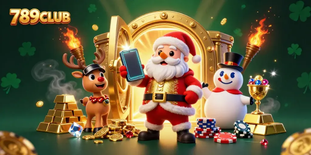Join the fun at 789CLUB with Santa and friends celebrating jackpot wins in a vibrant casino scene.