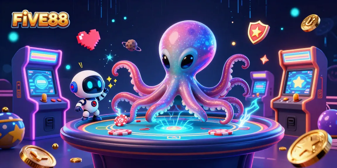 FIVE88's vibrant 3D casino scene with an alien octopus, holographic poker, and colorful gaming machines.