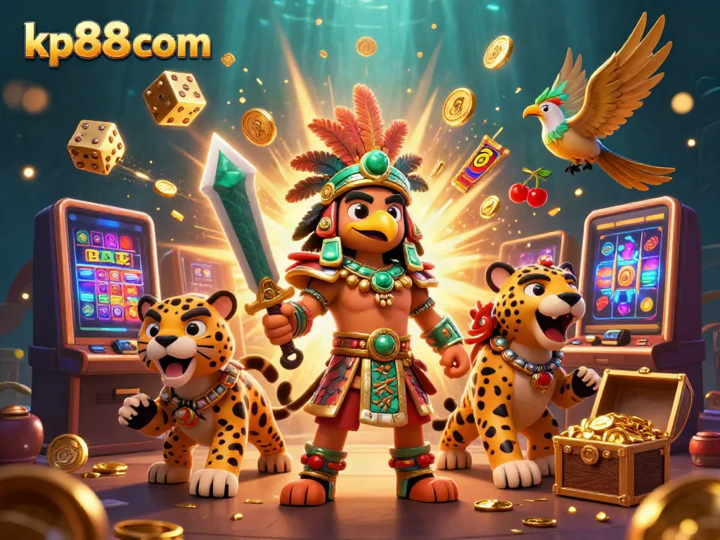 Experience thrilling gameplay at kp88 com with dynamic scenes featuring Aztec warriors and casino elements.