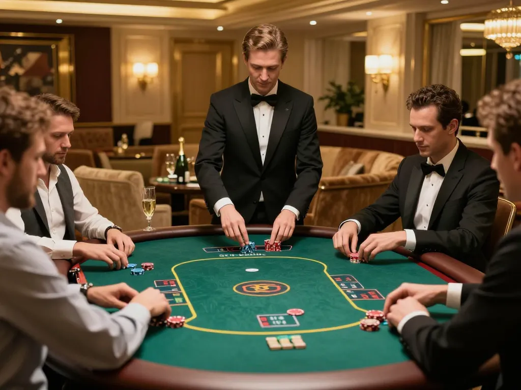 Engaged players strategizing in an upscale poker game at UK88in's luxurious casino.