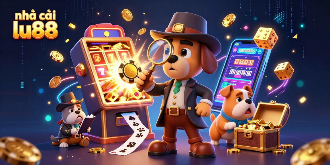 Engage with nhà cái lu88 through an exciting 3D illustration of a detective scene filled with casino elements.